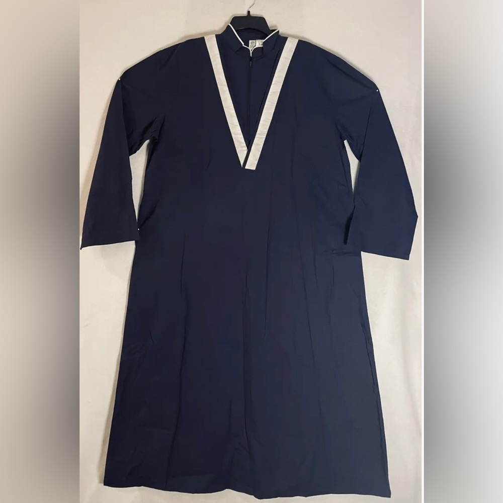 East Essence Womens XL Full Sleeve White V Zipper Maxi Dress Navy-NEW!